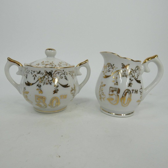 Norcrest Fine China Golden 50th Anniversary Sugar Bowl & Creamer AB689 ABJFB - Picture 6 of 7